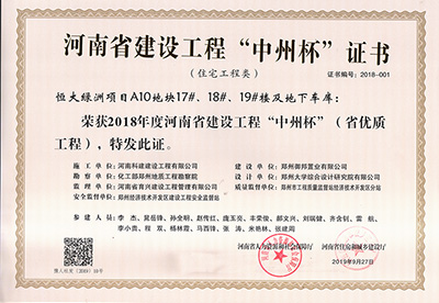 恒大绿洲项目A10地块17#、18#、19#楼及地下车库荣获“2018年度河南省建设开云手机端·官方版在线-官网入口_开云（中国）
中州杯（省优质开云手机端·官方版在线-官网入口_开云（中国）
）”